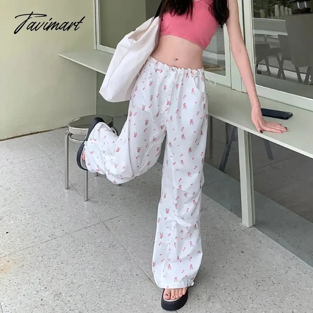 TAVIMART  Streetwear Floral Printed Casual Cargo Pants Women Summer New High Waist Drawstring Pleated Loose Wide Leg Pants