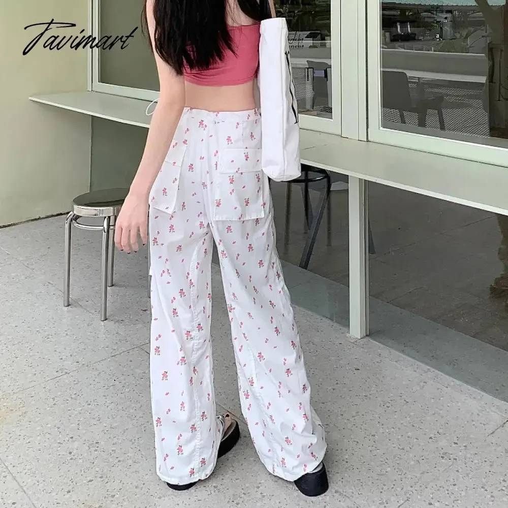 TAVIMART  Streetwear Floral Printed Casual Cargo Pants Women Summer New High Waist Drawstring Pleated Loose Wide Leg Pants