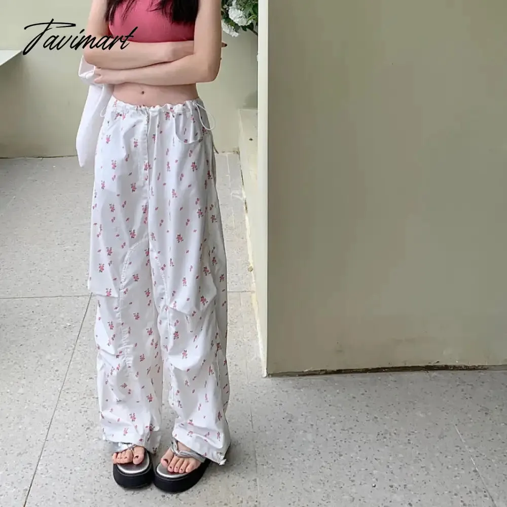 TAVIMART  Streetwear Floral Printed Casual Cargo Pants Women Summer New High Waist Drawstring Pleated Loose Wide Leg Pants