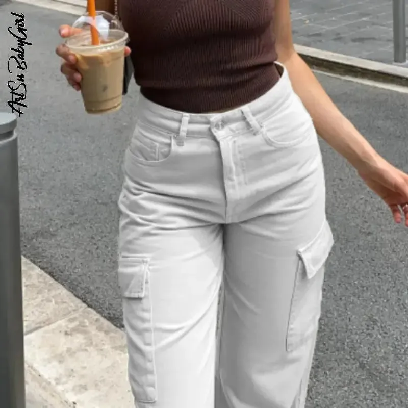 TAVIMART  -  Y2k Cargo Pants Baggy Wide Leg Trousers Women Streetwear Fashion Apricot Straight Jeans Pocket Loose High Waisted Jeans Trousers