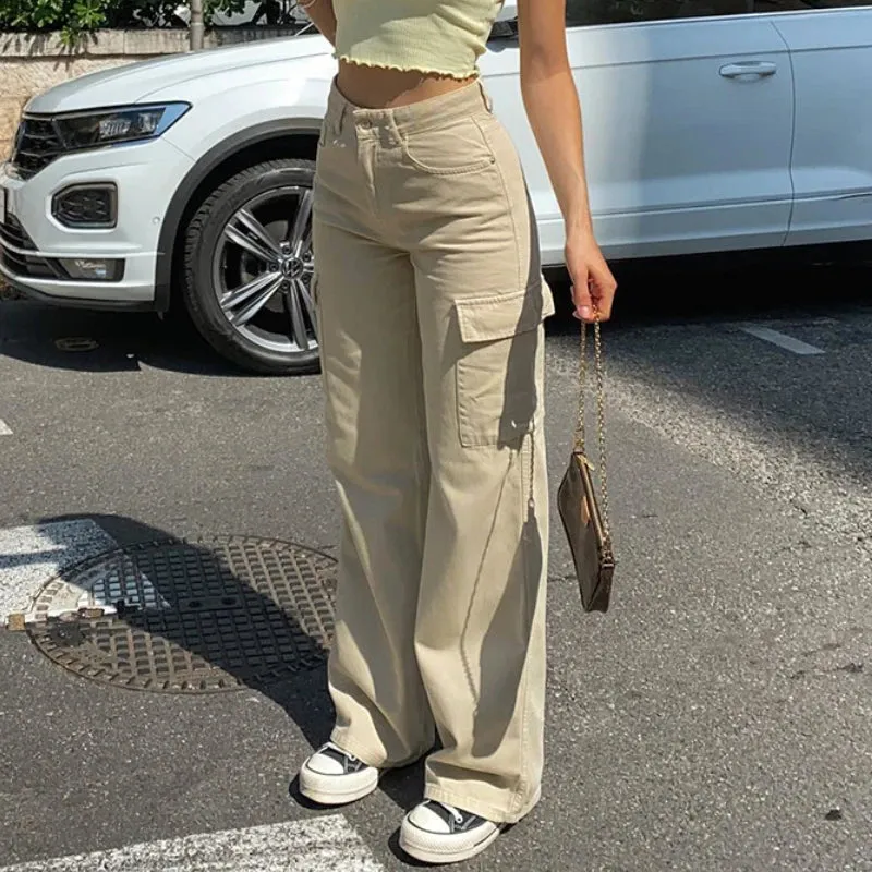 TAVIMART  -  Y2k Cargo Pants Baggy Wide Leg Trousers Women Streetwear Fashion Apricot Straight Jeans Pocket Loose High Waisted Jeans Trousers