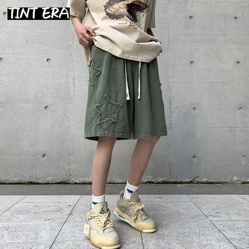 TINT ERA Y2K Mens Streetwear Breeches Star Korean Harajuku Pocket Denim Hip Hop Cargo Short Pants Grunge Bermudas Jeans Shorts