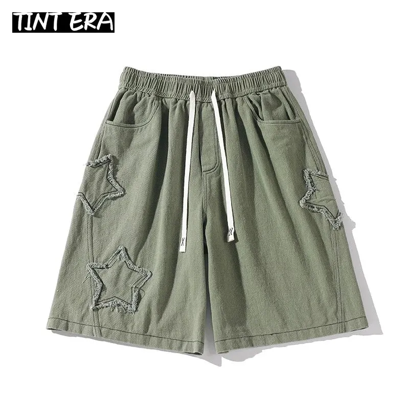 TINT ERA Y2K Mens Streetwear Breeches Star Korean Harajuku Pocket Denim Hip Hop Cargo Short Pants Grunge Bermudas Jeans Shorts