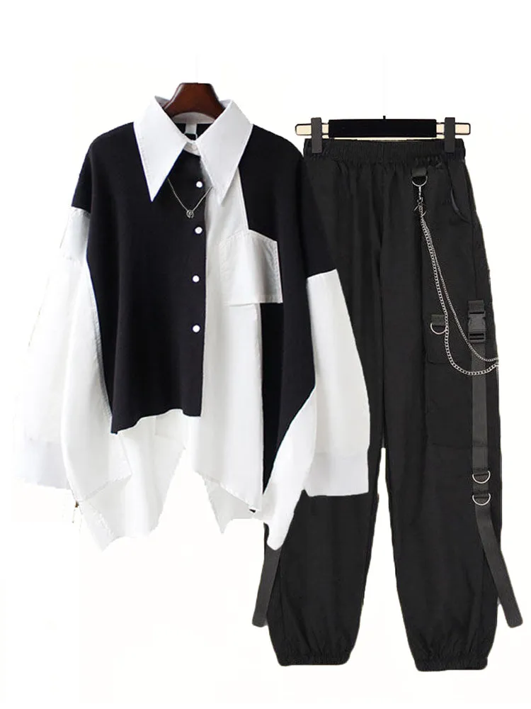 Two Piece Loose Design Patchwork Shirt Cargo Pants