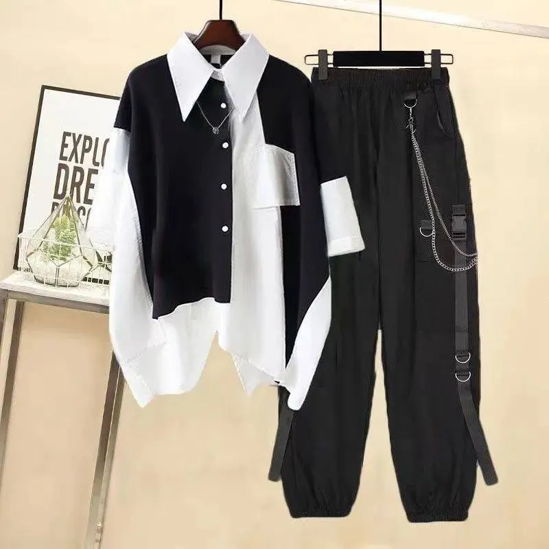 Two Piece Loose Design Patchwork Shirt Cargo Pants