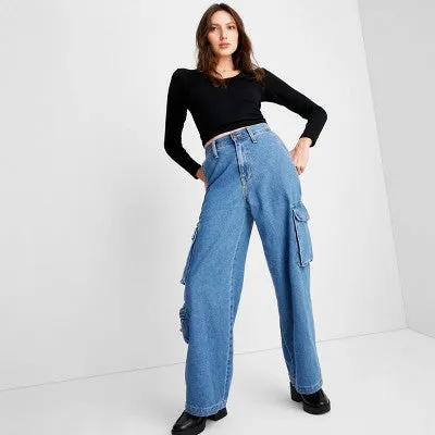 Universal Thread Women's High-Rise Wide Leg Denim Jeans Cargo Pants Streetwear