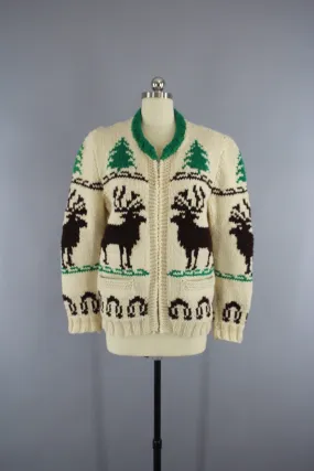 Vintage 1950s Cowichan Cardigan Sweater / Reindeer Deer / Holiday Snowflake Sweater