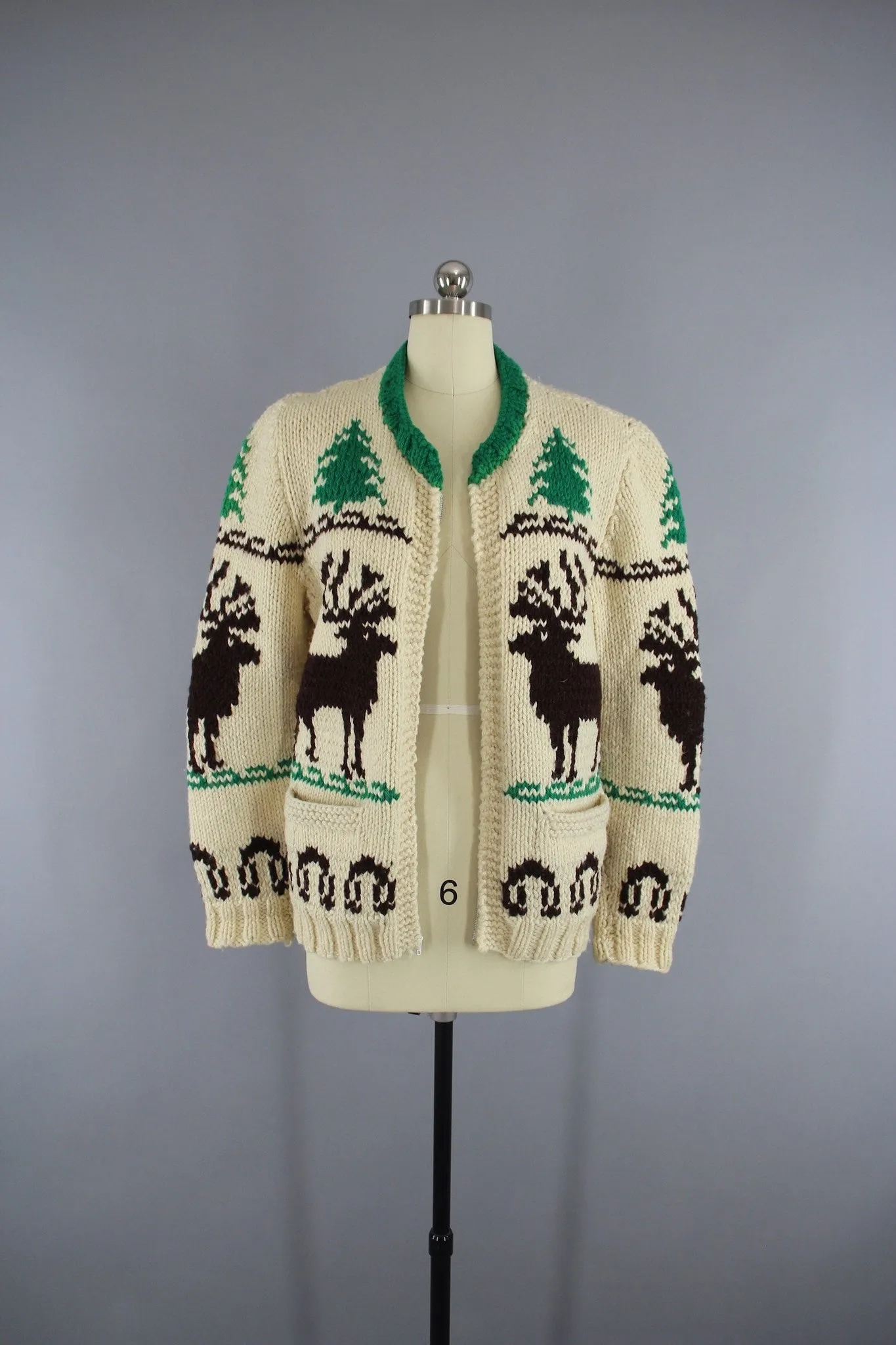 Vintage 1950s Cowichan Cardigan Sweater / Reindeer Deer / Holiday Snowflake Sweater