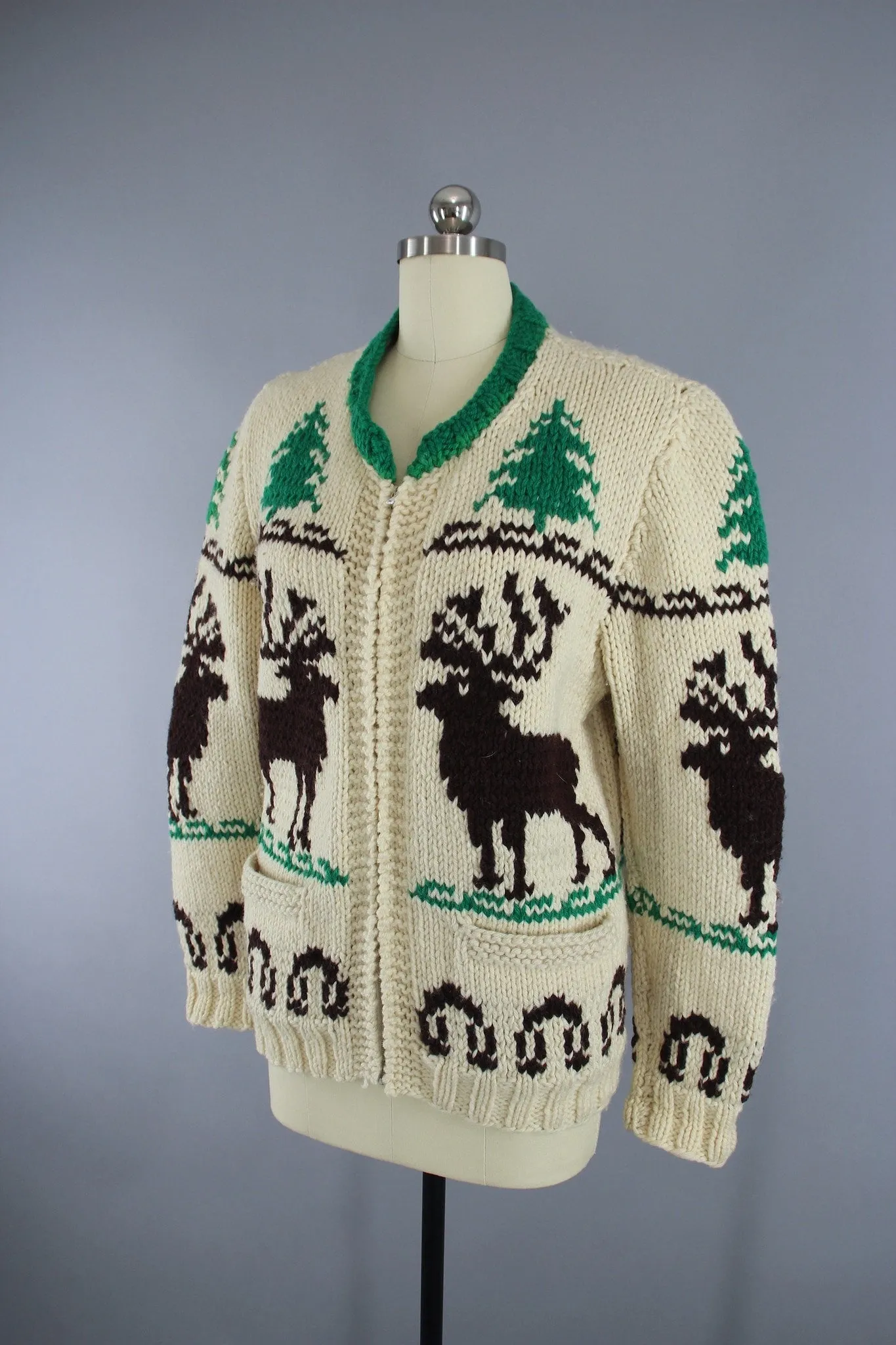 Vintage 1950s Cowichan Cardigan Sweater / Reindeer Deer / Holiday Snowflake Sweater