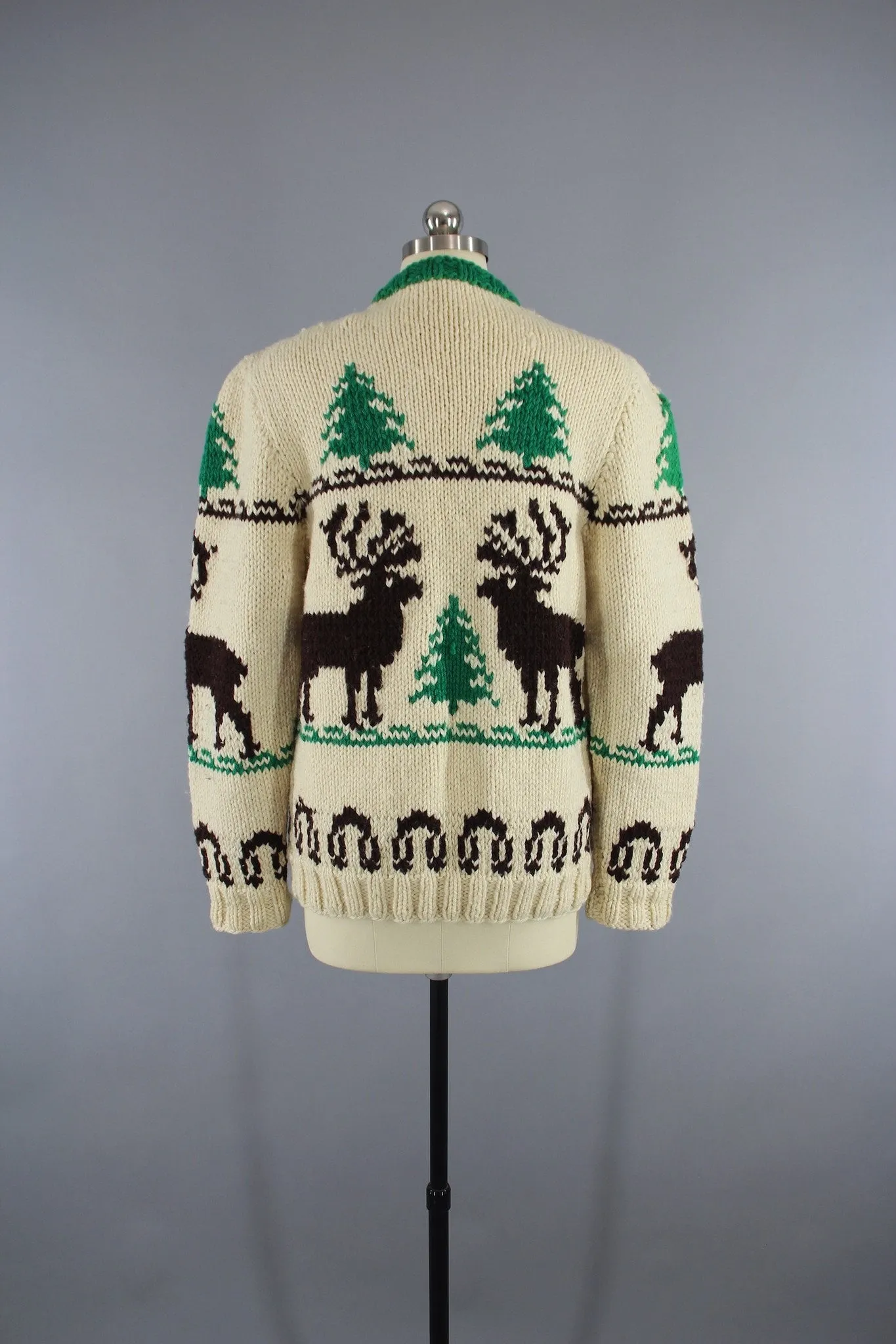 Vintage 1950s Cowichan Cardigan Sweater / Reindeer Deer / Holiday Snowflake Sweater