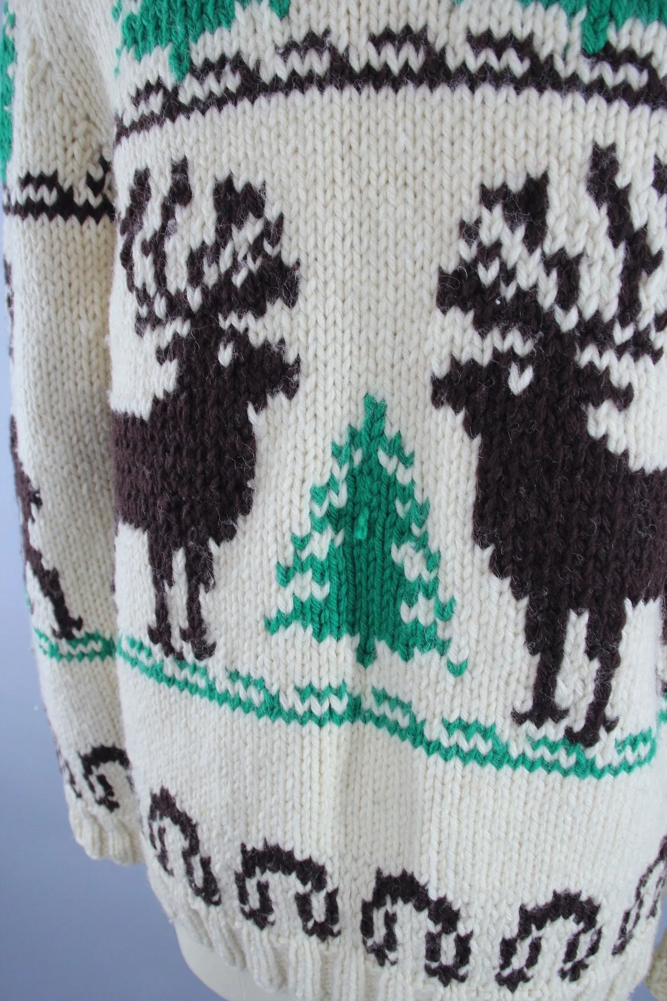 Vintage 1950s Cowichan Cardigan Sweater / Reindeer Deer / Holiday Snowflake Sweater