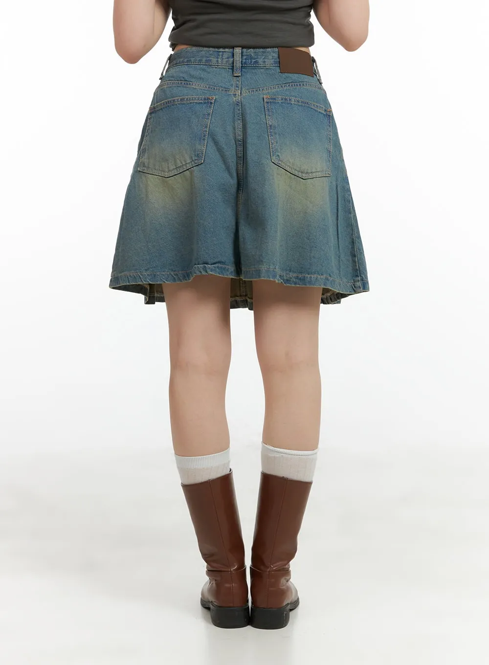 Washed Pleated Midi Denim Skirt CL422