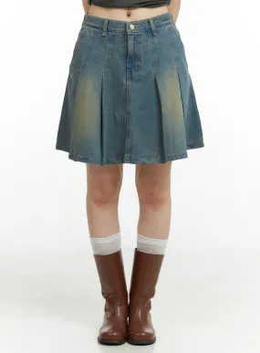 Washed Pleated Midi Denim Skirt CL422