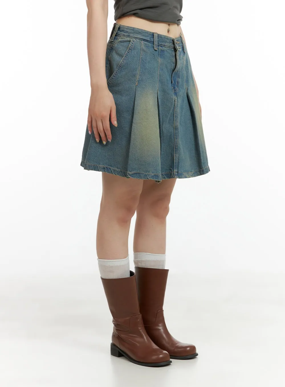 Washed Pleated Midi Denim Skirt CL422