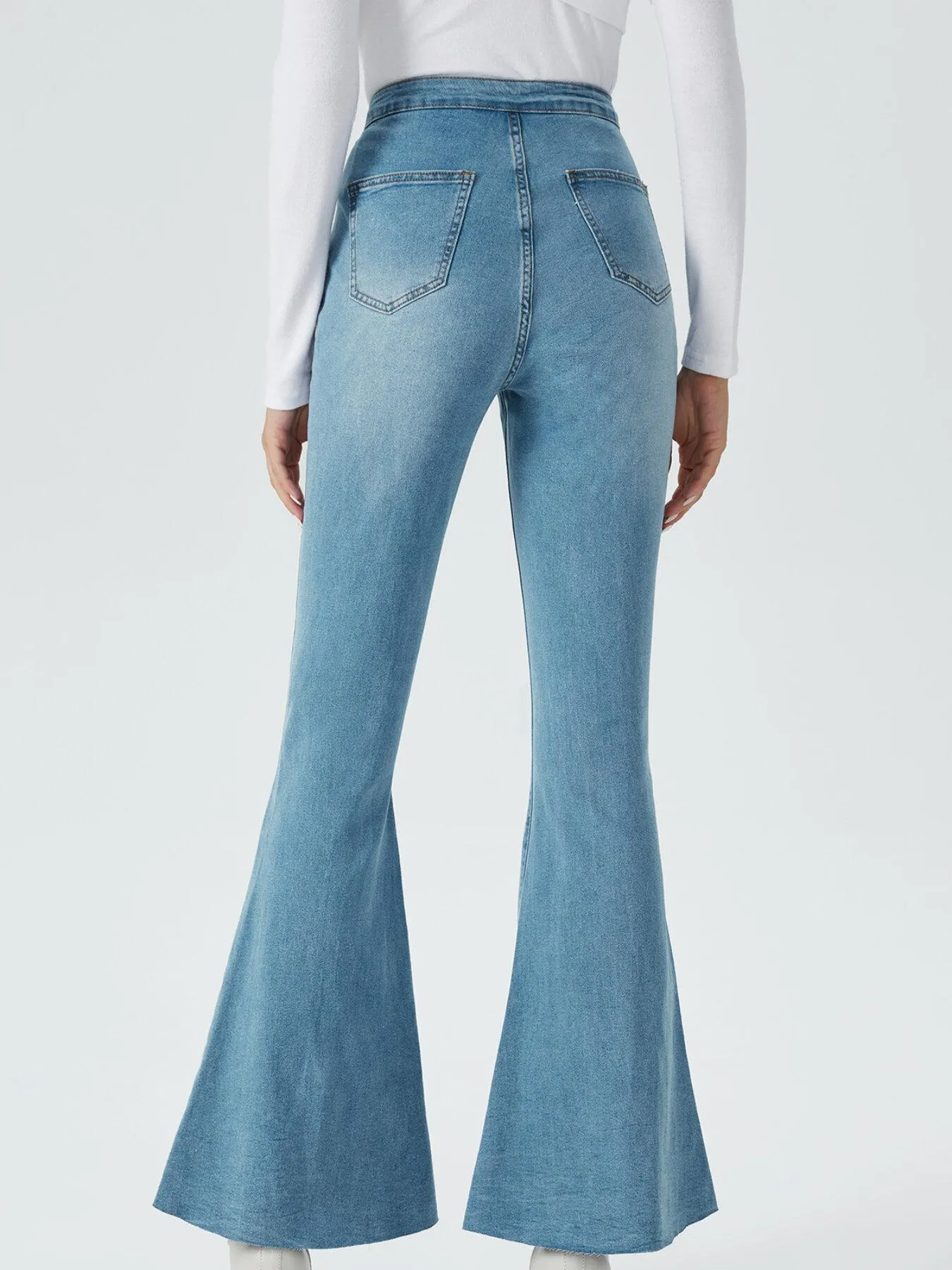 Washed Pocket Button Front Flare Leg Jeans