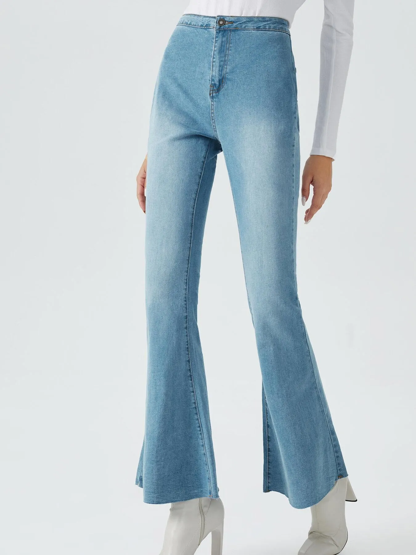 Washed Pocket Button Front Flare Leg Jeans