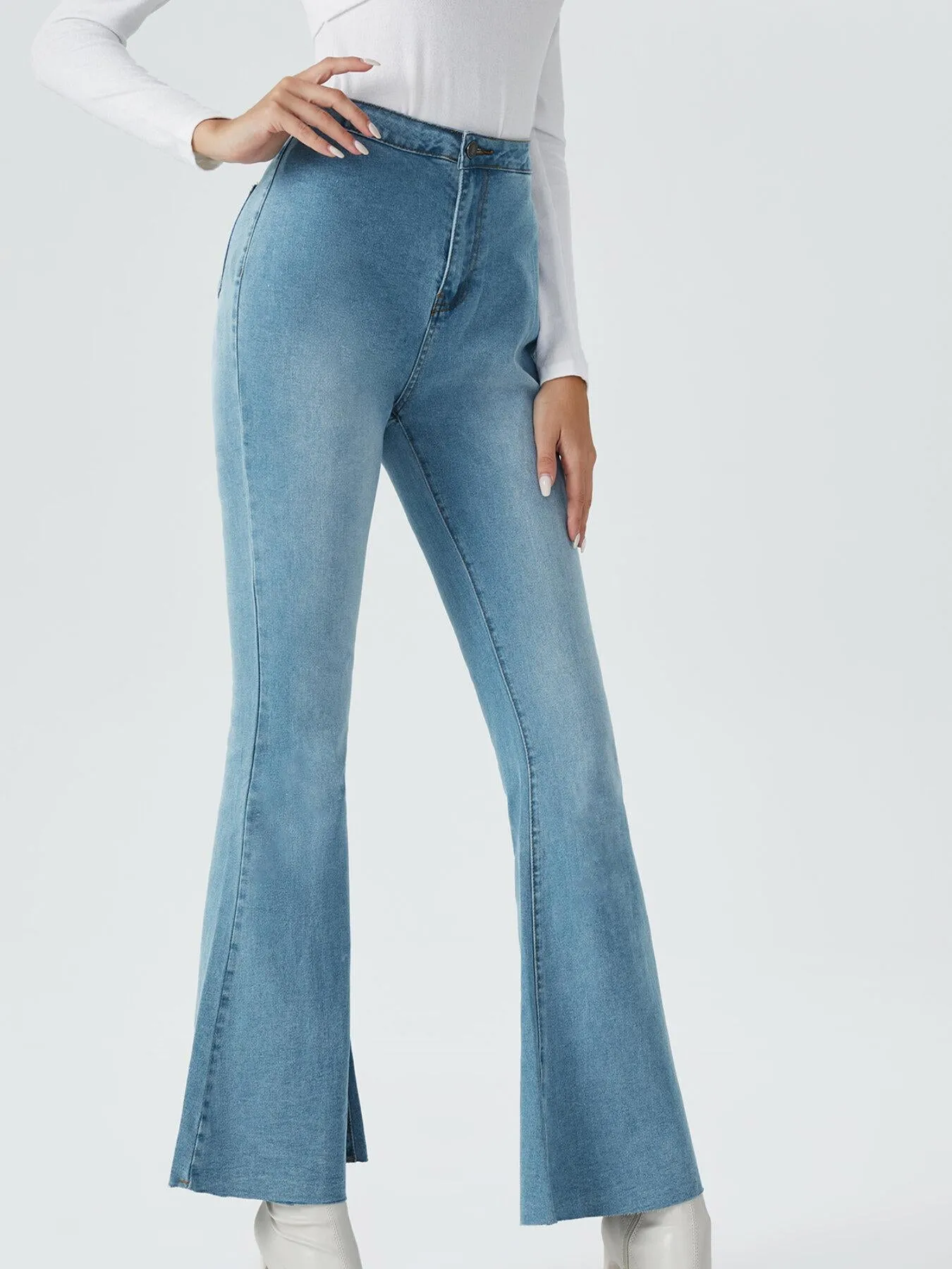 Washed Pocket Button Front Flare Leg Jeans