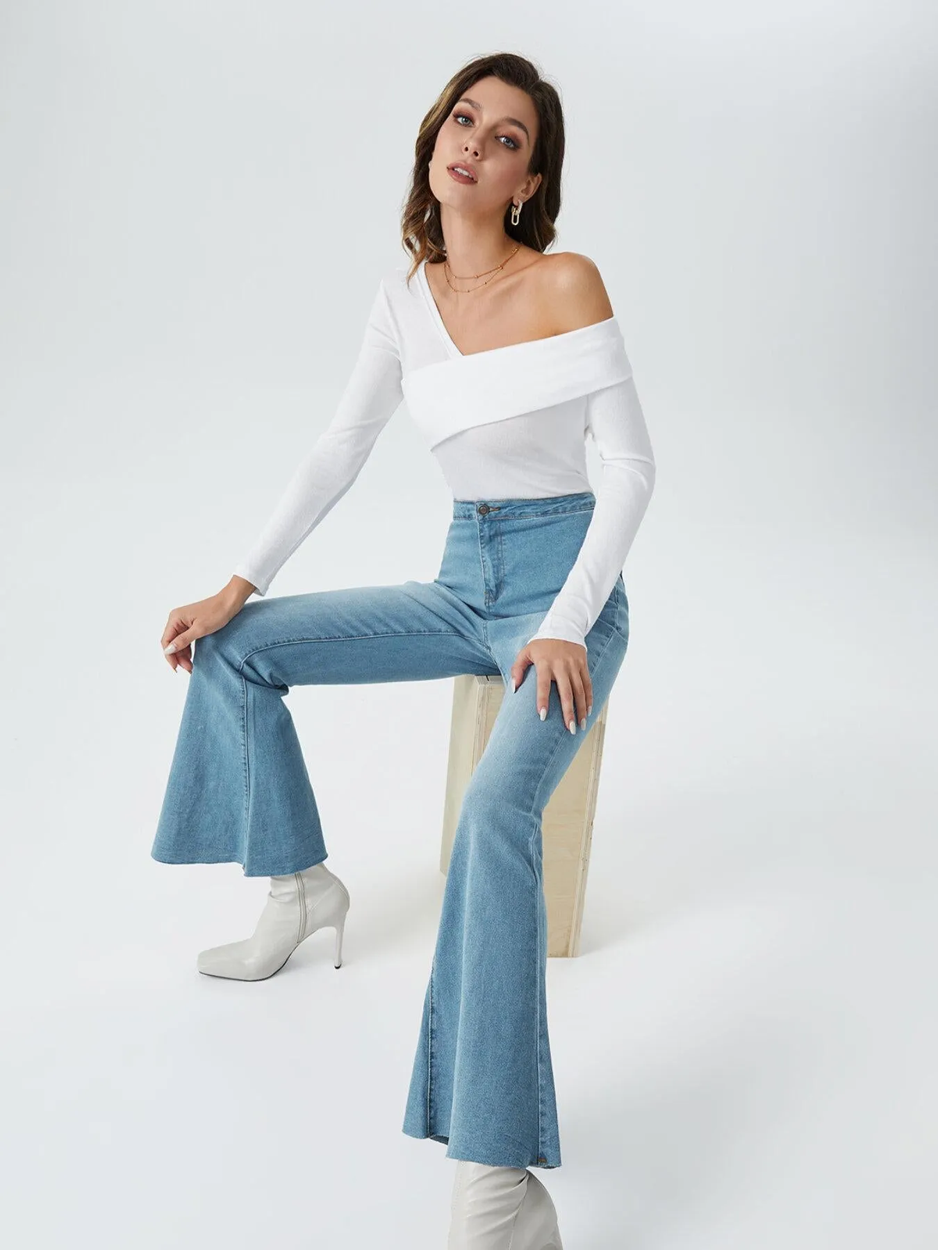 Washed Pocket Button Front Flare Leg Jeans