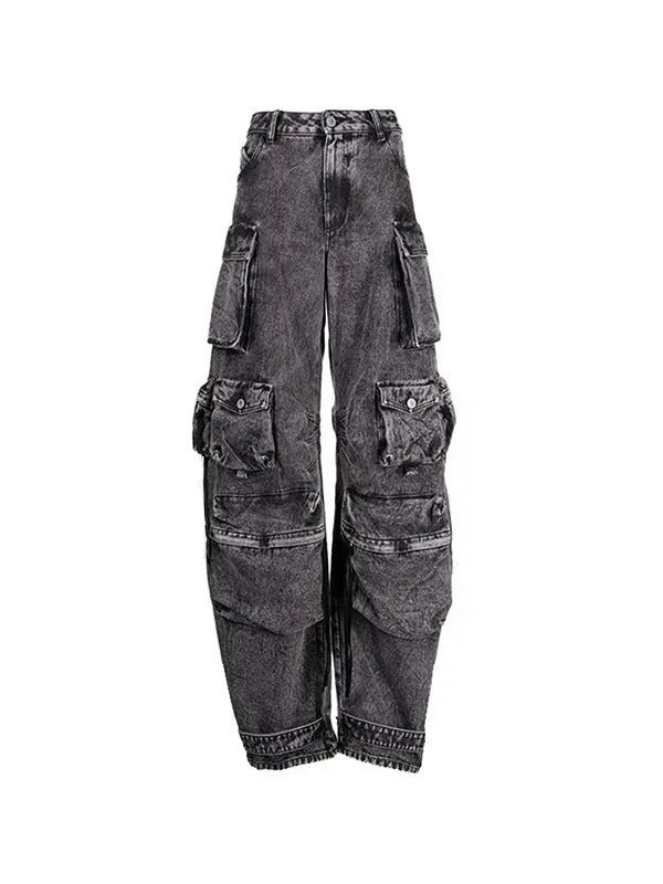 Wenkouban Grey washed cargo jeans with ripped details and pockets