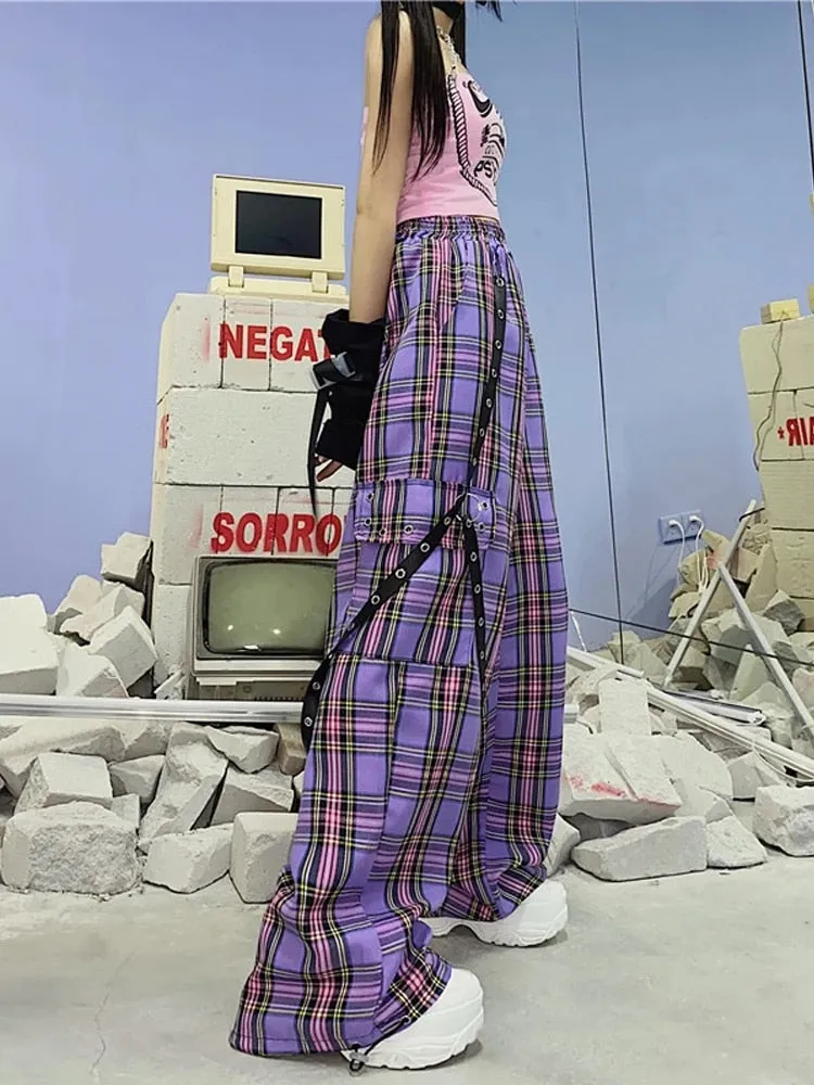 Wenkouban Mall Goth Y2K Cargo Pants Women Hippie Purple Plaid Harajuku Streetwear Chain Checked Trousers Famale High Waist Aesthetic