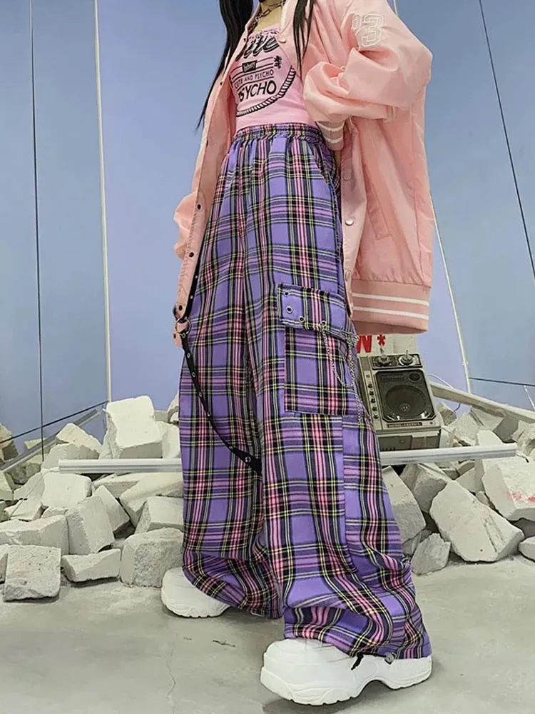 Wenkouban Mall Goth Y2K Cargo Pants Women Hippie Purple Plaid Harajuku Streetwear Chain Checked Trousers Famale High Waist Aesthetic