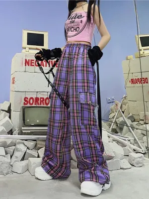 Wenkouban Mall Goth Y2K Cargo Pants Women Hippie Purple Plaid Harajuku Streetwear Chain Checked Trousers Famale High Waist Aesthetic