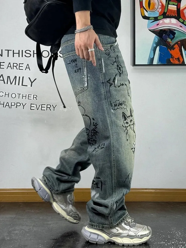 Wiaofellas  -  American Streetwear Distressed Creative Graffiti Print Baggy Jeans For Men Fashion Denim Straight Cargo Pants Harajuku Trousers