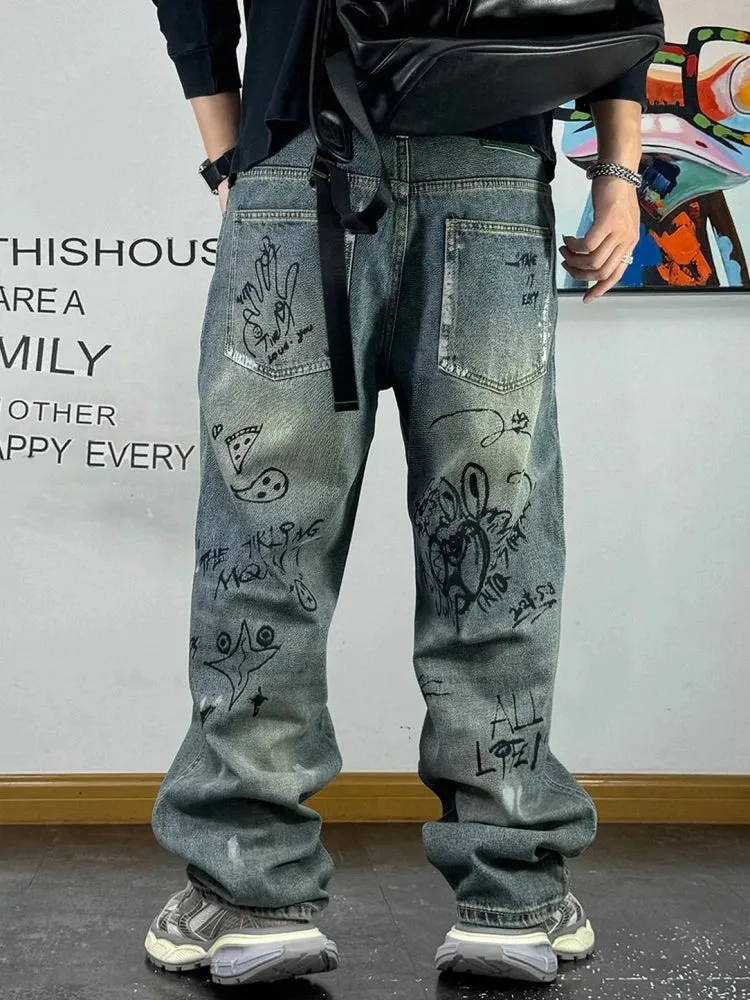 Wiaofellas  -  American Streetwear Distressed Creative Graffiti Print Baggy Jeans For Men Fashion Denim Straight Cargo Pants Harajuku Trousers