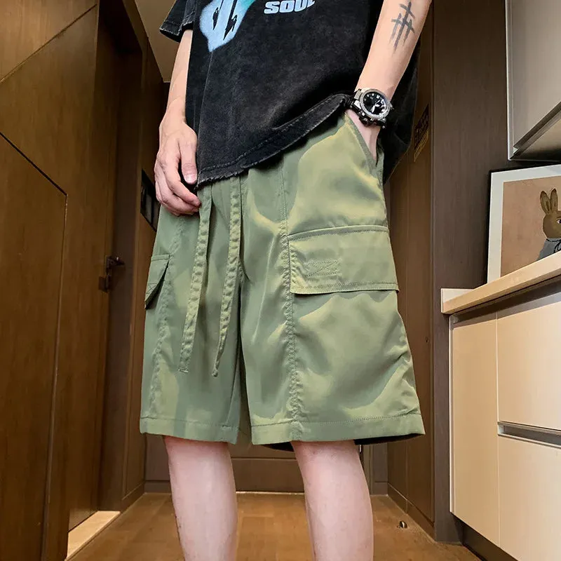 Wiaofellas  -  Casual Summer High Streetwear Drawstring Cargo Shorts Men's Solid Loose Knee-Length Pants Outdoor Elastic Waist Thin Jogger