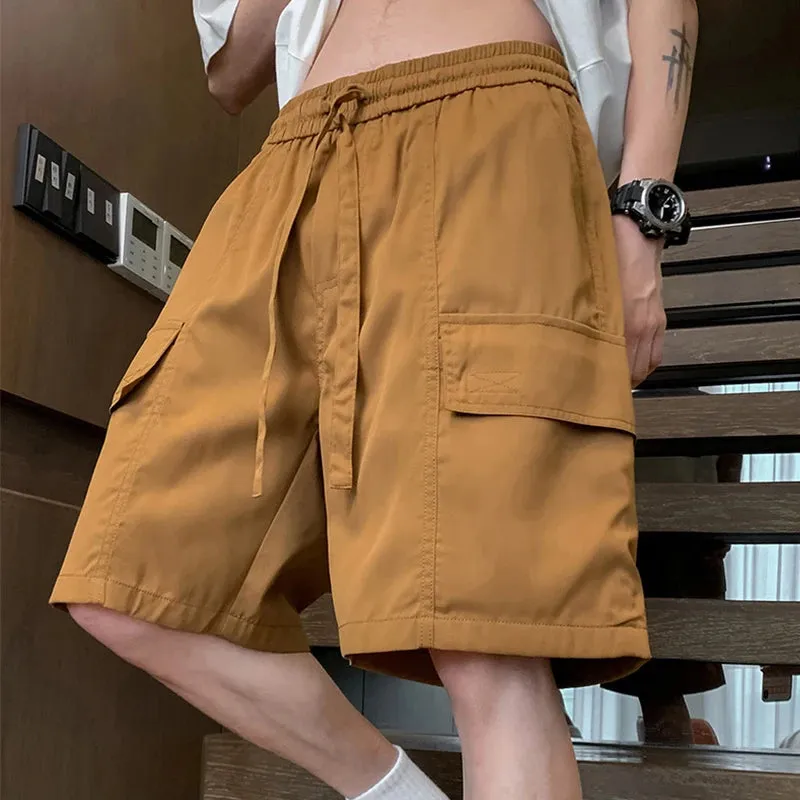 Wiaofellas  -  Casual Summer High Streetwear Drawstring Cargo Shorts Men's Solid Loose Knee-Length Pants Outdoor Elastic Waist Thin Jogger