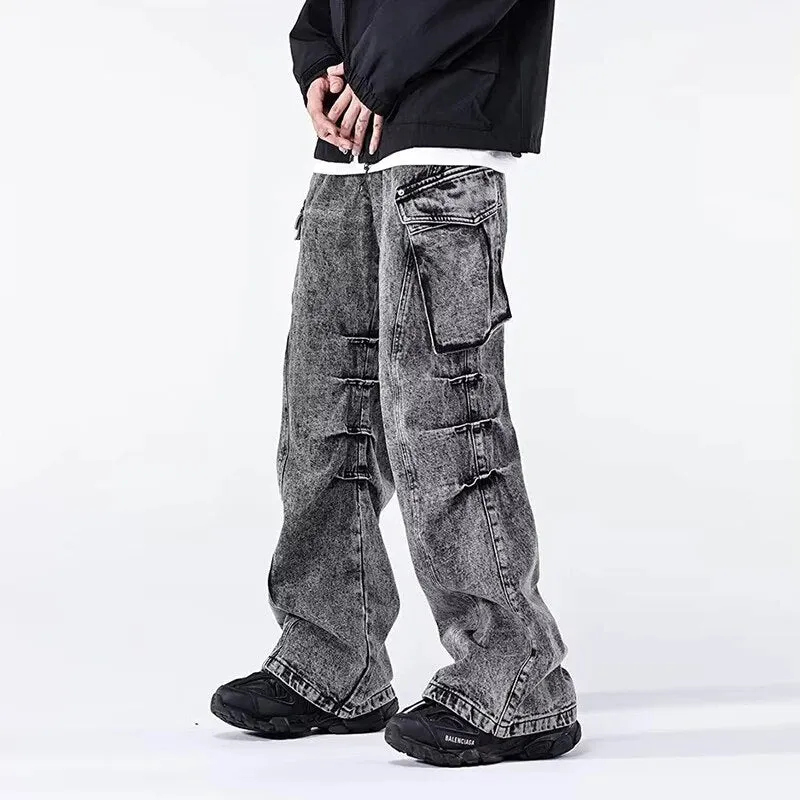 Wiaofellas Fashion Male Cargo Style Big Pockets Loose Jeans Trousers Men Casual Long Pant Youth Streetwear Distressed Denim Pants