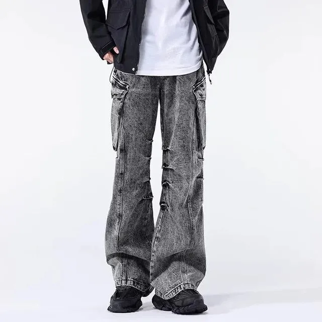 Wiaofellas Fashion Male Cargo Style Big Pockets Loose Jeans Trousers Men Casual Long Pant Youth Streetwear Distressed Denim Pants