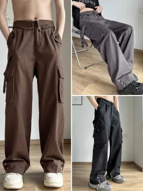 Wiaofellas Men Cargo Pants Loose Multi Pockets Full Length Deep Crotch Vintage Streetwear Wide Leg Hip Hop Men Trousers Men Clothes