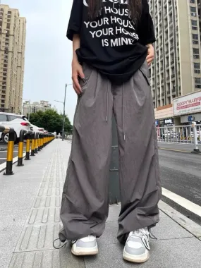 Wiaofellas  -  New High Street Retro Paratrooper Cargo Pants Men and Women Korean Fashion Streetwear Drawstring Loose Straight Wide Leg Pants