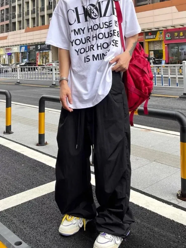 Wiaofellas  -  New High Street Retro Paratrooper Cargo Pants Men and Women Korean Fashion Streetwear Drawstring Loose Straight Wide Leg Pants