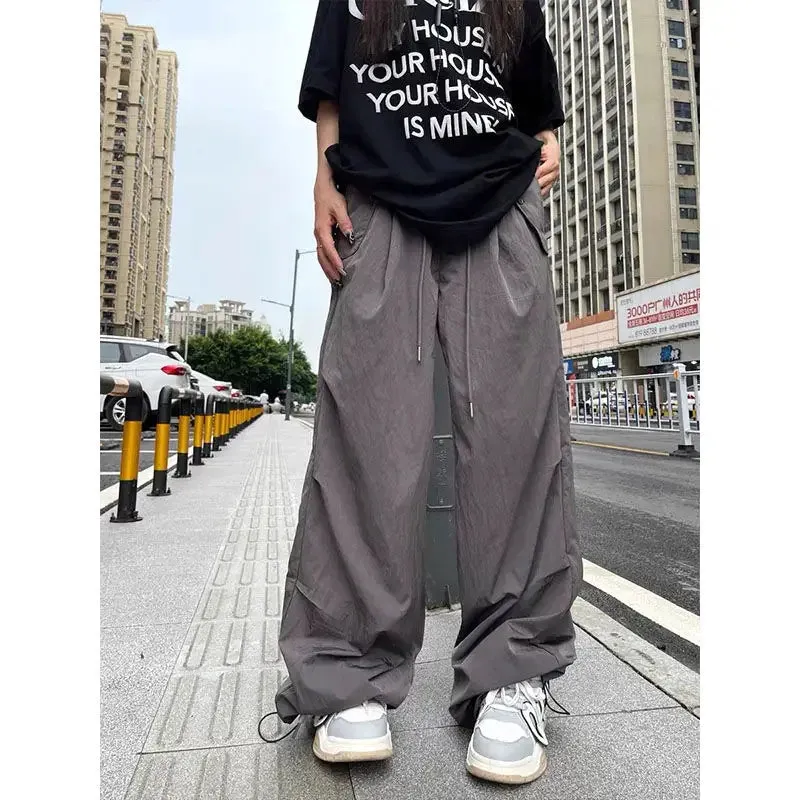 Wiaofellas  -  New High Street Retro Paratrooper Cargo Pants Men and Women Korean Fashion Streetwear Drawstring Loose Straight Wide Leg Pants