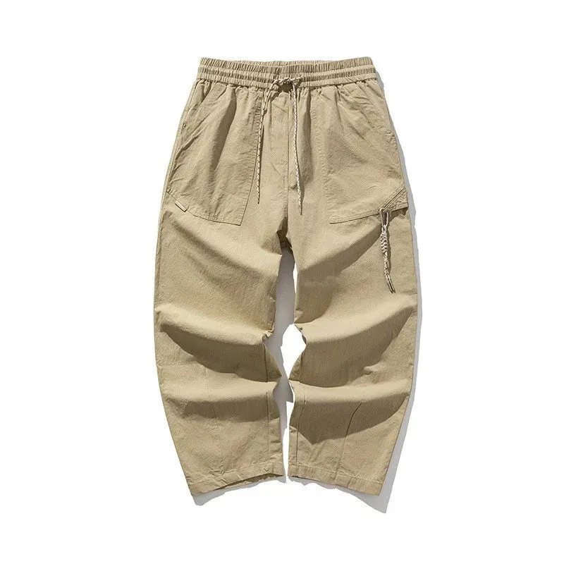 Wiaofellas  -  Summer New Casual Pants Men Solid Color Loose Straight Trousers For Mens Streetwear Trendy Pockets Drawstring Cargo Pants