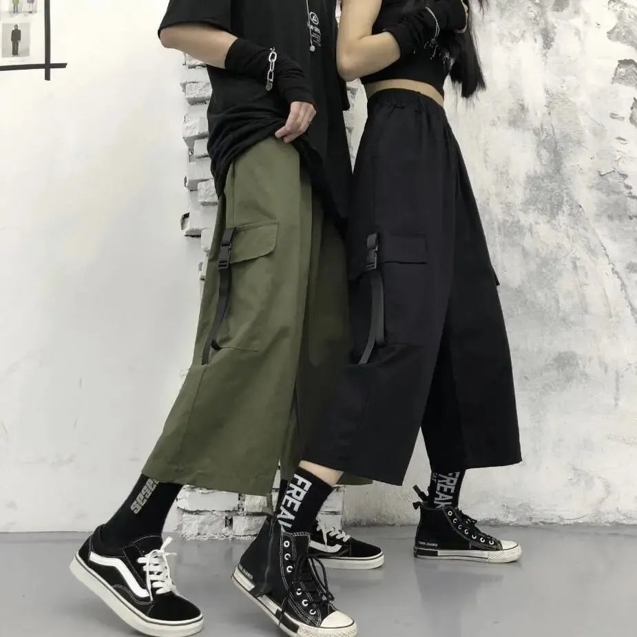 Wiaofellas  -  Unisex Y2K Capris Men Pants Summer Straight Chic Cargo Ribbon Trousers Basics Jazz Motor Biker Streetwear Male Oversize Pants