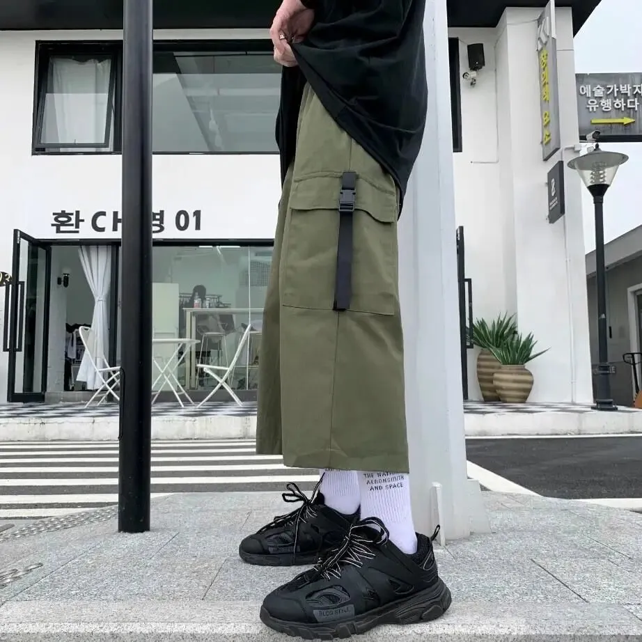 Wiaofellas  -  Unisex Y2K Capris Men Pants Summer Straight Chic Cargo Ribbon Trousers Basics Jazz Motor Biker Streetwear Male Oversize Pants