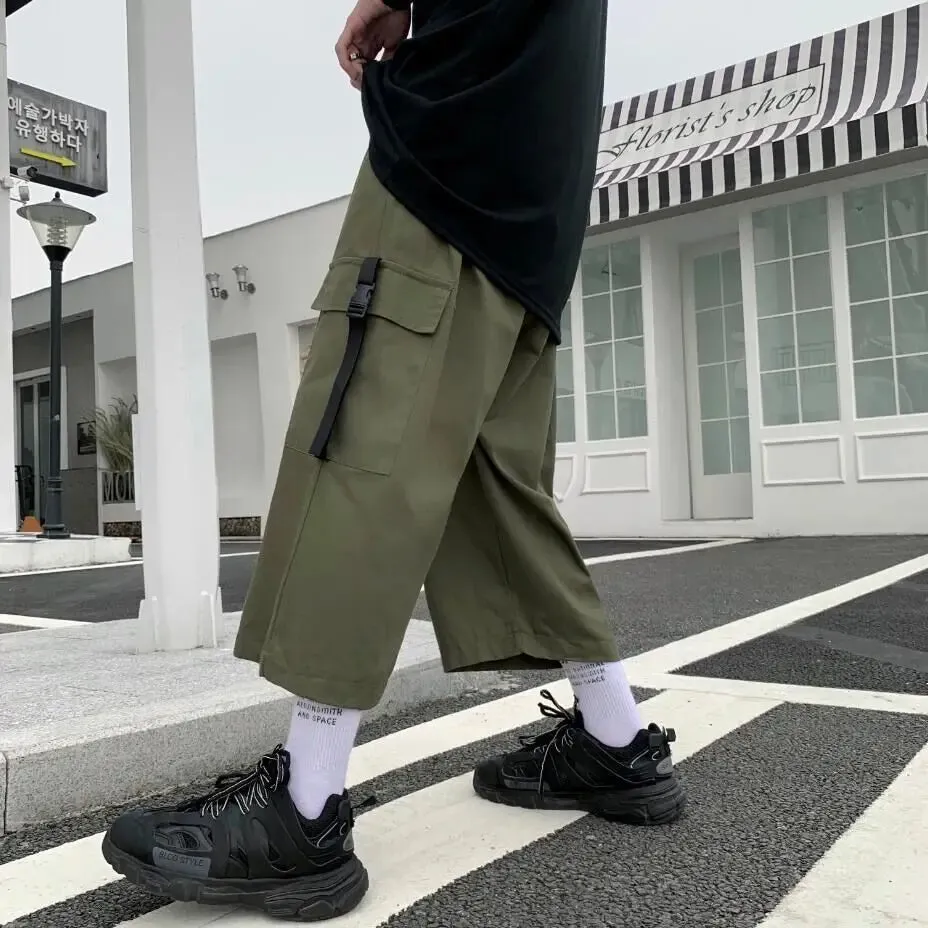 Wiaofellas  -  Unisex Y2K Capris Men Pants Summer Straight Chic Cargo Ribbon Trousers Basics Jazz Motor Biker Streetwear Male Oversize Pants