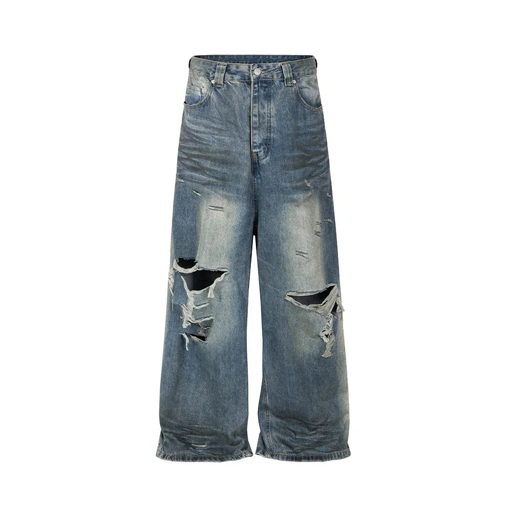 Wiaoferllas  -  Frayed Damaged Hole Baggy Wide Leg Jeans for Men and Women Streetwear Casual Ropa Hombre Denim Trousers Oversized Cargo Pants