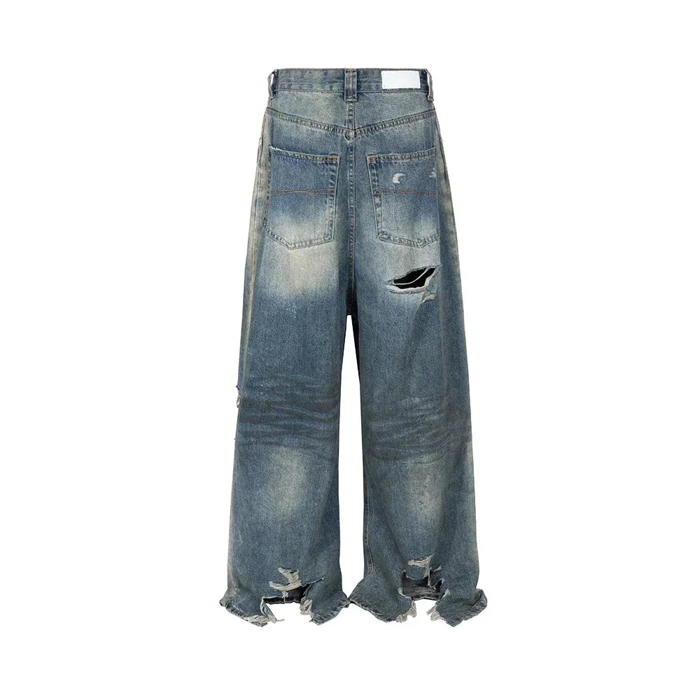 Wiaoferllas  -  Frayed Damaged Hole Baggy Wide Leg Jeans for Men and Women Streetwear Casual Ropa Hombre Denim Trousers Oversized Cargo Pants