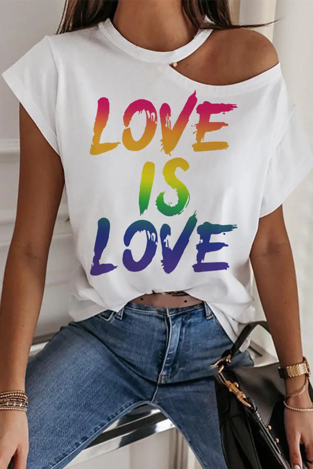 Women Casual Love Is Love Cold Shoulder T-Shirt Short Sleeve Tops