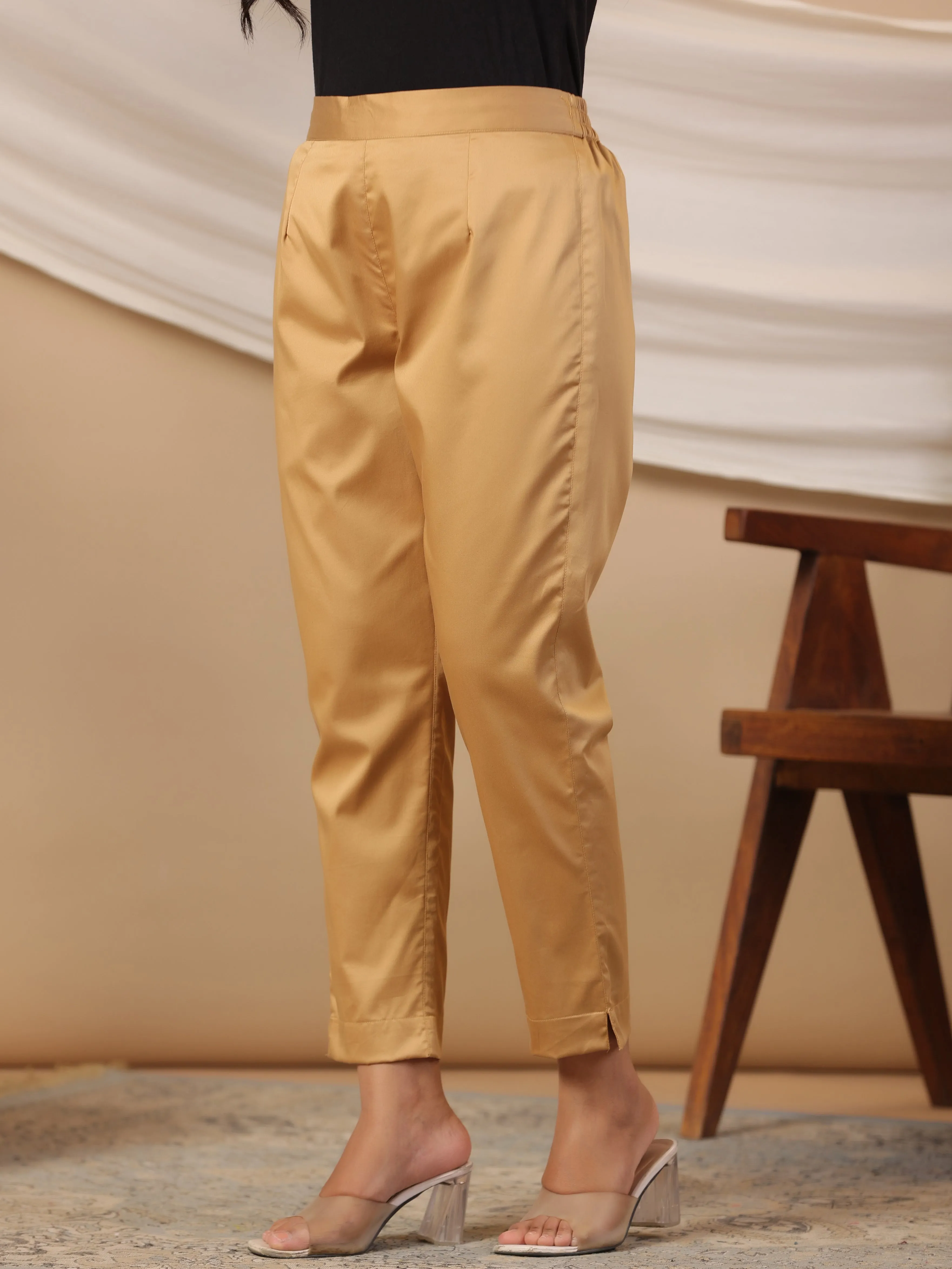 Women Gold Cotton Lycra Solid Pant