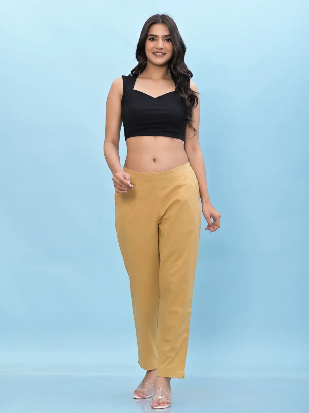 Women Gold Solid Cotton Pants With Partially Elasticated Waistband And Two Side Pockets