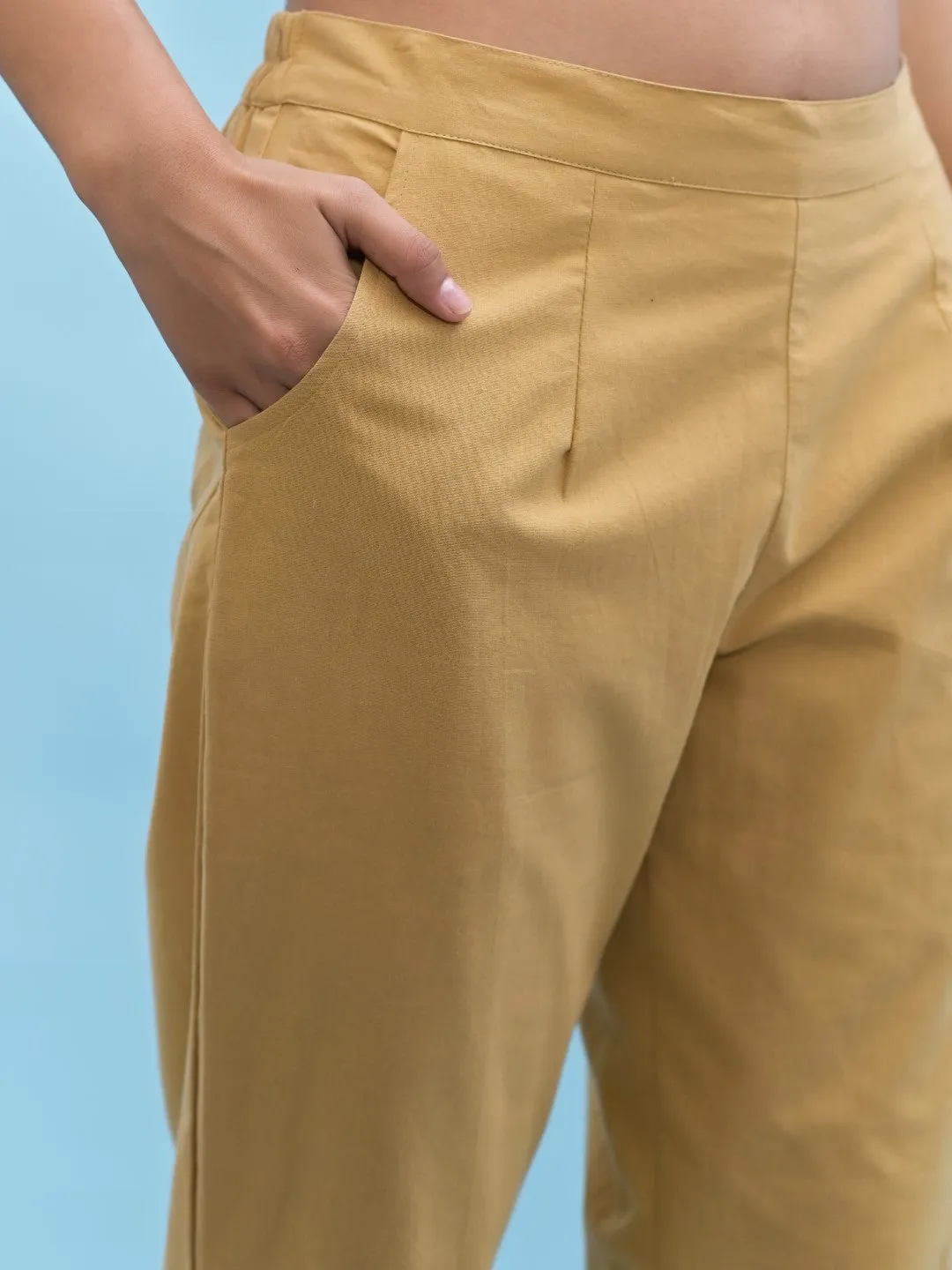 Women Gold Solid Cotton Pants With Partially Elasticated Waistband And Two Side Pockets