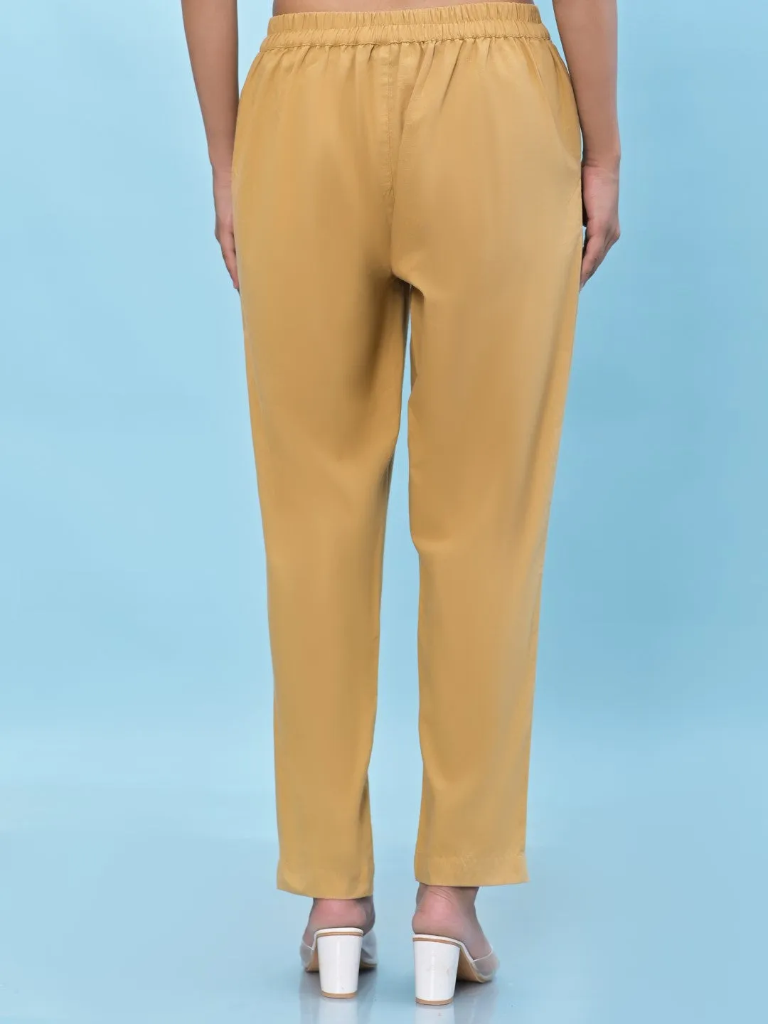 Women Gold Solid Cotton Pants With Partially Elasticated Waistband And Two Side Pockets