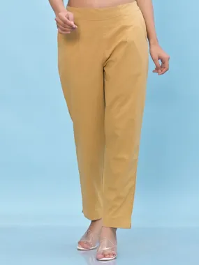 Women Gold Solid Cotton Pants With Partially Elasticated Waistband And Two Side Pockets