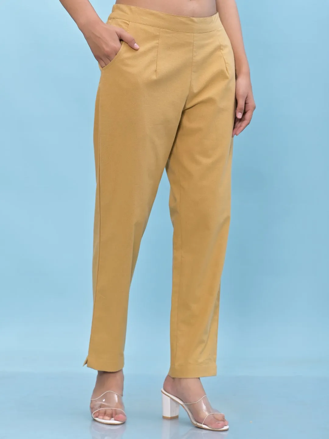 Women Gold Solid Cotton Pants With Partially Elasticated Waistband And Two Side Pockets