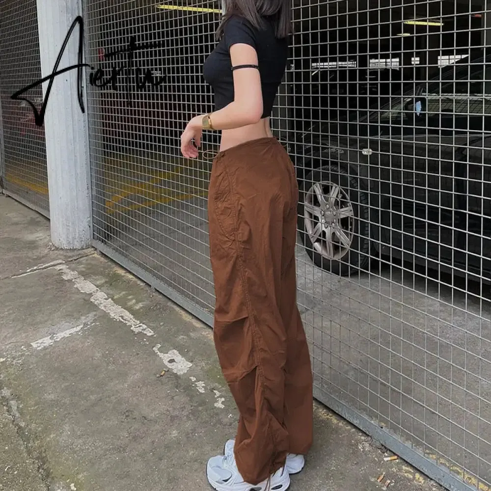 Women Oversized Tech Pants Casual Solid Drawstring Low Waist Baggy Trousers Y2K Vintage Hippie Joggers Cargo Pants Streetwear